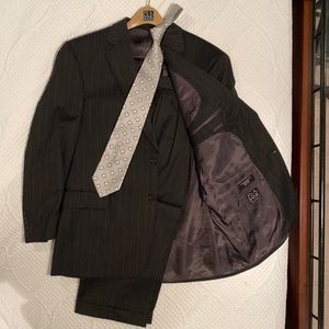 Jos. A Bank Signature Collection black with silver pinstripes suit with tie.
